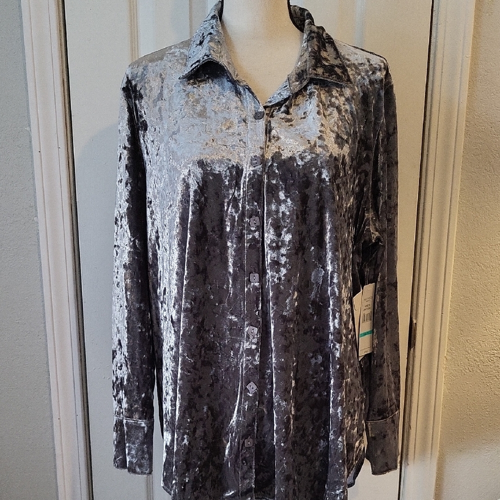 Multiples Elegant Silver Velvet Women's Button Up Top